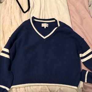 Forever 21 Navy V-Neck Sweater with White Accents